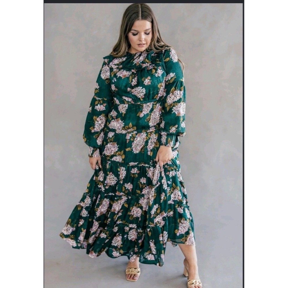 JessaKae Collection Green Floral Ruffle Maxi Dress Hydrangea Tiered Sleeve L